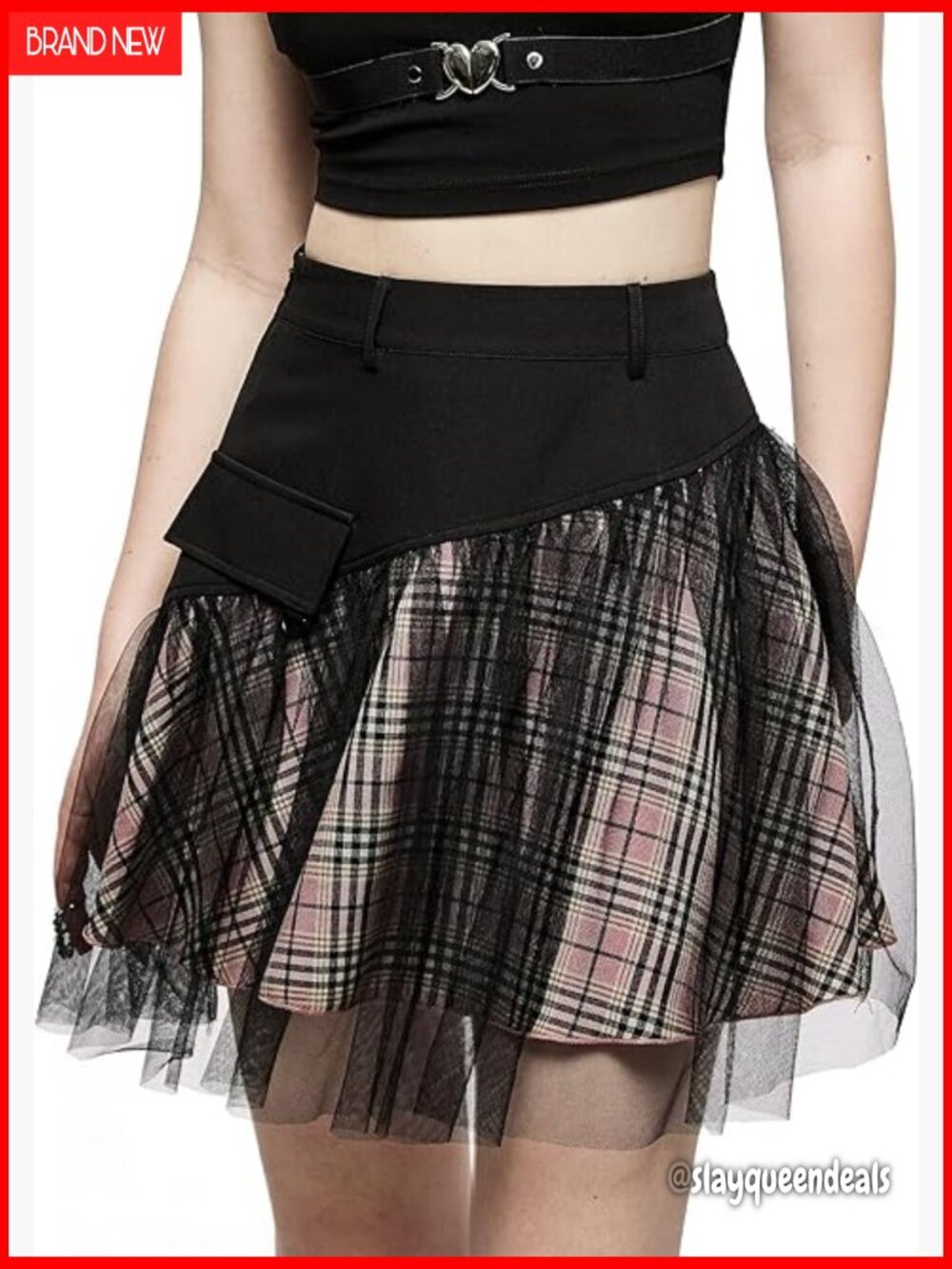 Y2K Goth Mini Skirt High Waist Plaid Tulle Lace Punk Pleated A-Line Streetwear